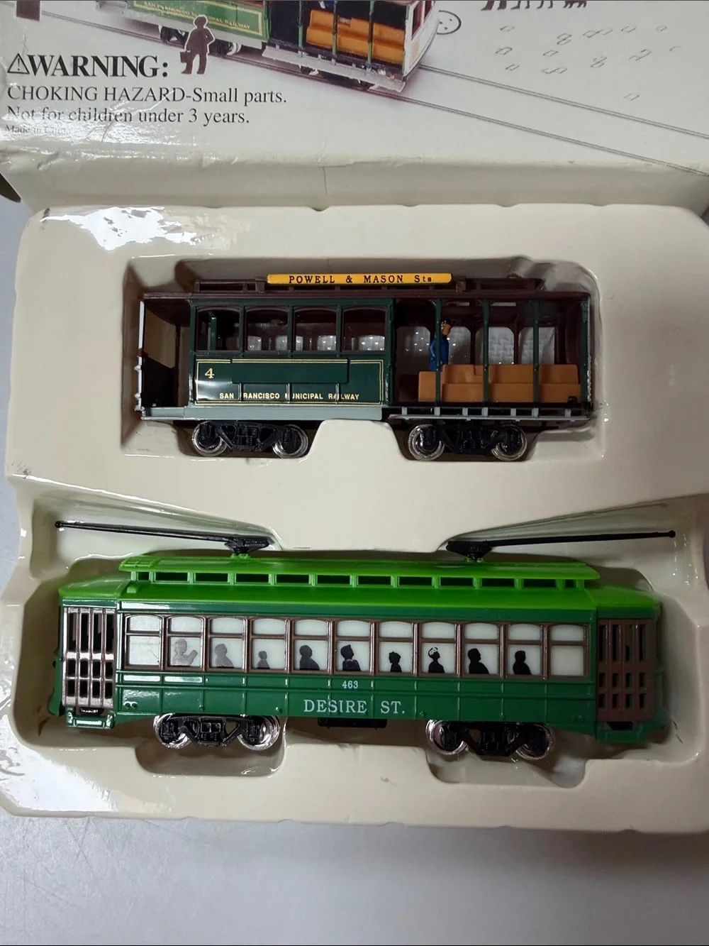 2 CLASSIC STREETCARS HO SCALE SAN FRANCISCO CABLE CAR & DESIRE ST TROLLEY- New